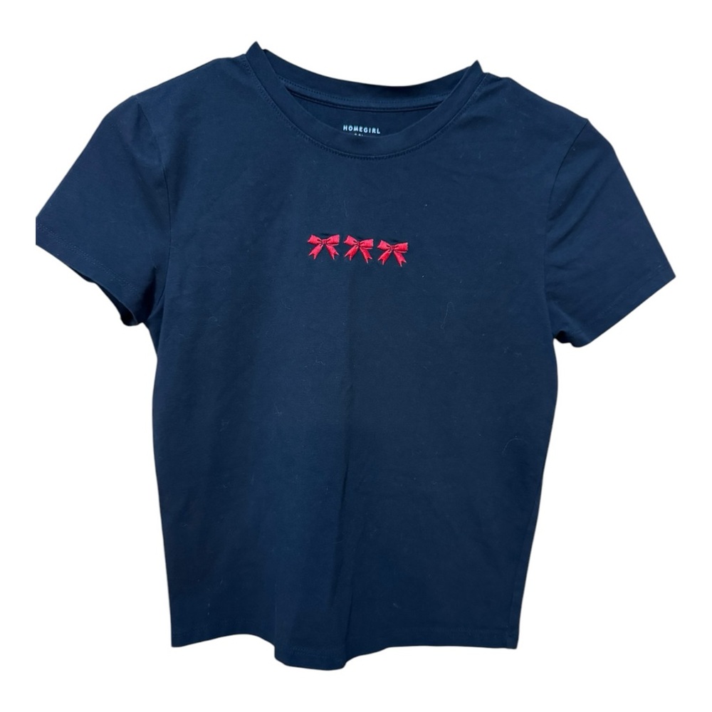 Navy Blue Shirt with Red Bow Embroidery size S